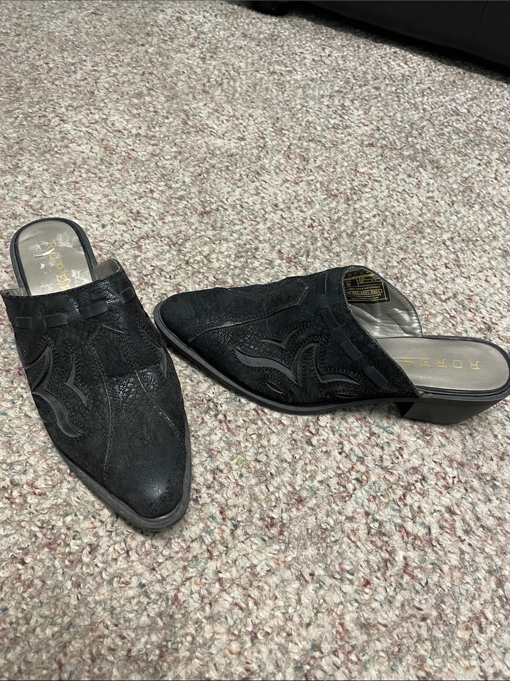 Roper Black Embossed Leather Pointed heeled Mules